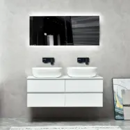 Badrumspaket | Kommod 120 cm med dubbelhandfat | LED-spegel | Blank vit