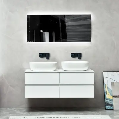 Badrumspaket | Kommod 120 cm med dubbelhandfat | LED-spegel | Blank vit