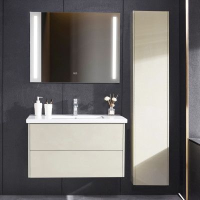 Badrumspaket | Kommod 90cm | Högskåp och LED-spegel | Beige