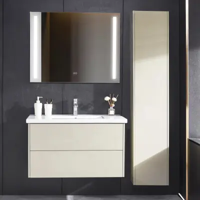 Badrumspaket | Kommod 90cm | Högskåp och LED-spegel | Beige