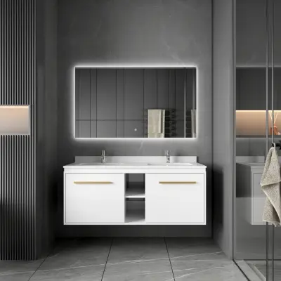 Badrumspaket 120 cm  Kommod med dubbla keramiska tvättställ&LED-spegel | Mjukstängning