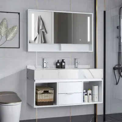 Badrumspaket 120cm | Marmorerad sintrad sten | LED-spegelskåp