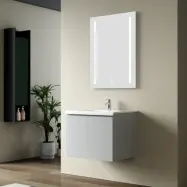 Badrumspaket 60 cm  Kommod&keramiskt tvättställ med LED-spegel | Dimbar belysning