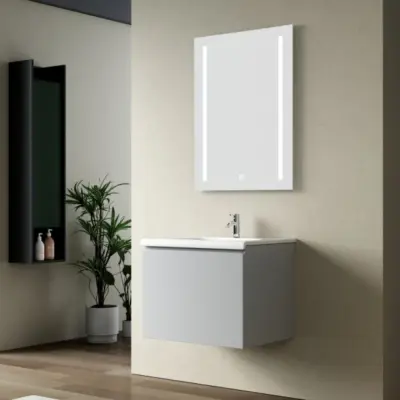 Badrumspaket 60 cm  Kommod&keramiskt tvättställ med LED-spegel | Dimbar belysning