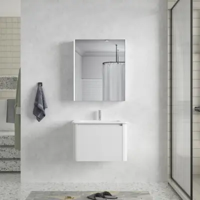 Badrumspaket 60 cm  Kommod&keramiskt tvättställ med spegelskåp | Mjukstängning | Vit