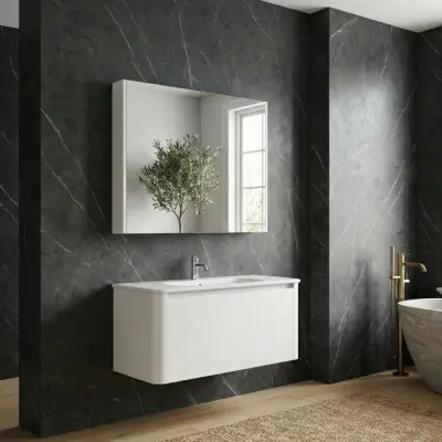 Badrumspaket 80 cm  Kommod&keramiskt tvättställ med spegelskåp | Mjukstängning | Modern design