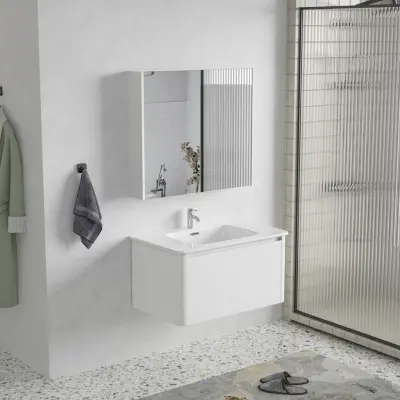 Badrumspaket 80 cm  Kommod&keramiskt tvättställ med spegelskåp | Mjukstängning | Modern design