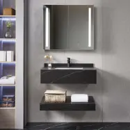 Badrumspaket 80cm | Handfat& hylla i sintrad sten | Spegelskåp