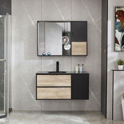 Kommod 100cm | Spegelskåp med förvaring | Handfat i svart glas