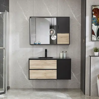 Kommod 100cm | Spegelskåp med förvaring | Handfat i svart glas