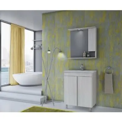 Badrumsmöbler Square 60 - Vitlaserad ekfinish med spegelskåp