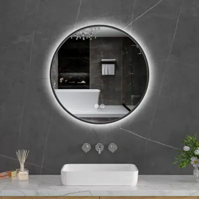 Rund badrumsspegel 60 cm | Svart ram | LED-belysning | Anti-fog&touch-styrning
