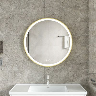 Stilren LED-spegel | 60x60 cm | Guldaluminiumram | Anti-fog&touch-styrning