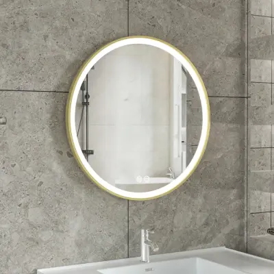 Stilren LED-spegel 80x80cm | Guldaluminiumram| Anti-fog&touch-styrning