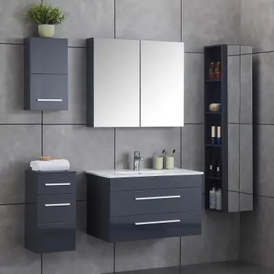 Stort badrumspaket | Kommod 80cm | Badrumsmöbel i högblank grå