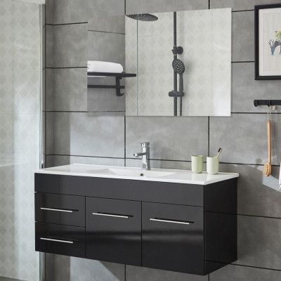 Tvättställskåp 120cm | Med handfat& spegel | Högblank svart