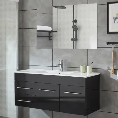 Tvättställskåp 120cm | Med handfat& spegel | Högblank svart