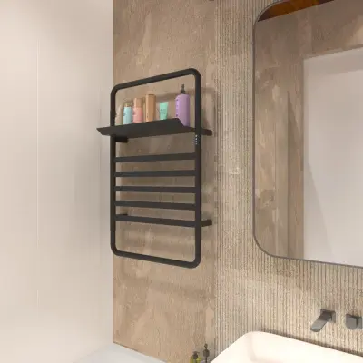 Svart handdukstork med timer och hylla | 60x90 cm | Stilren elmodell