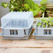 Ett kompakt miniväxthus med pluggbrätte som gör det möjligt att odla hela 49 pluggplantor med djupa och fina rotsystem.