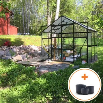 Glasväxthus 4,9m² | 5 års stormgaranti | 4mm säkerhetsglas | Svart