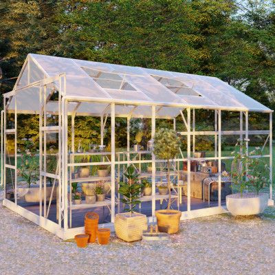 Glasväxthus 9,6m² | 5 års stormgaranti | 4mm säkerhetsglas | Vit