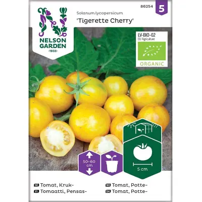 Körsbärstomat'Tigerette Cherry', ekologisk, 5-6 frön,Högväxande,Växthus, Ute skyddat läge