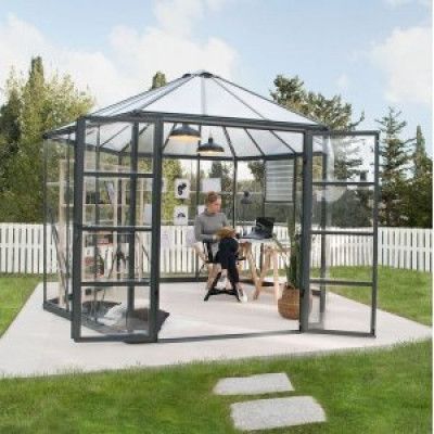 Oasis hexagonalt växthus 8,6m² - Grå + Växthusbord