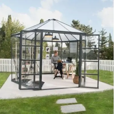 Oasis hexagonalt växthus 8,6m² - Grå + Växthusbord