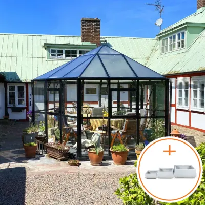 Orangeri 12,6m² | 4mm säkerhetsglas | Sexkantigt växthus