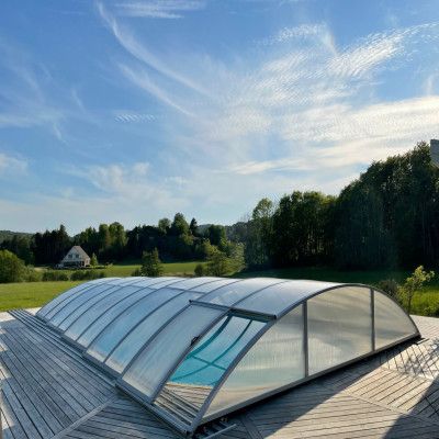 Pooltak 5x10m med sidodörr | Skjutbart - Aluminium