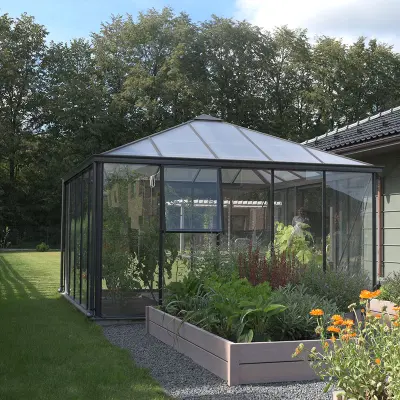 Tetra 9,5 kvm, lackerat, Fyrkantigt växthus, Lackad stålram, 9,6 kvm, Ventilationsfönster