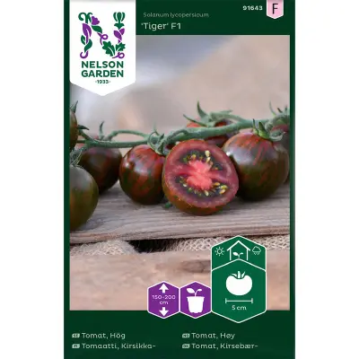 Tomat'Tiger'F1, röd, smakrik, 150-200 cm, sol, växthus, 4 frön, räcker till 3-4 plantor.
