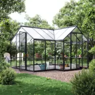 Växthus 11,8 m² | Härdat glas&kanalplast | Svart aluminium | Titania