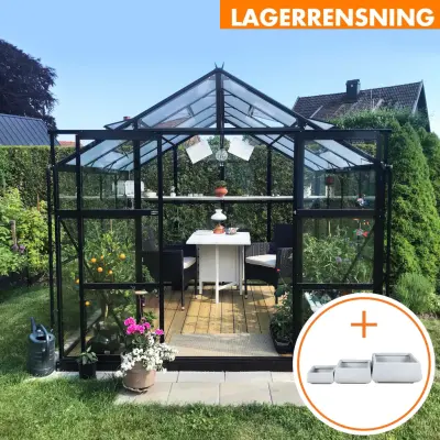 Växthus 6,4 m² | 5 års stormgaranti | 4 mm säkerhetsglas | Svart