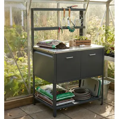 Växthusbord med skåp i galvaniserat stål | Förvaring&verktygshyllor | Mörkgrå
